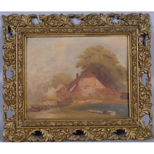 744 - A rural cottage, 19th century oil on board, unsigned, 19cm x 24cm, framed