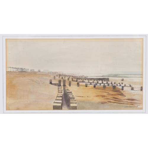 746 - Derek Owen Cooper RA, 3 beach scenes, watercolours, largest 14cm x 26cm, framed (3)