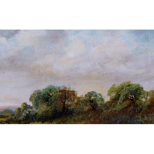 786 - Cart in extensive landscape, 19th century oil on canvas, indistinctly signed, 26cm x 36cm, framed