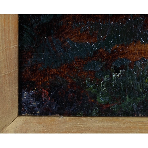 786 - Cart in extensive landscape, 19th century oil on canvas, indistinctly signed, 26cm x 36cm, framed