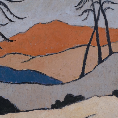 790 - Stylised landscape, oil on canvas, unsigned, 46cm x 54cm, framed