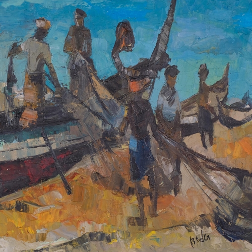 801 - Indonesian beach scene, mid-20th century impasto oil on canvas, indistinctly signed, 50cm x 65cm, fr... 