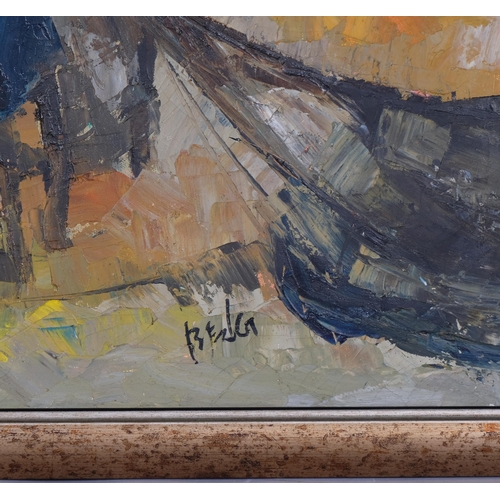 801 - Indonesian beach scene, mid-20th century impasto oil on canvas, indistinctly signed, 50cm x 65cm, fr... 