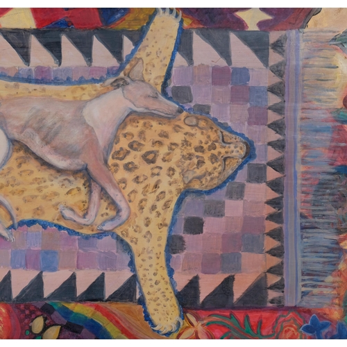 813 - Linda King (born 1960), Sidney On The Leopardskin, oil on
board, 60cm x 120cm, framed