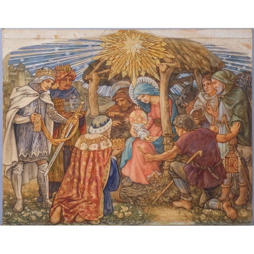 939 - Pre-Raphaelite School, Nativity scene, watercolour on paper laid on canvas, unsigned, 73cm x 92cm, u... 