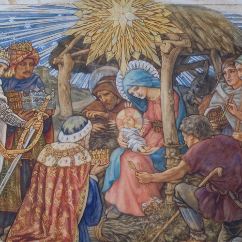939 - Pre-Raphaelite School, Nativity scene, watercolour on paper laid on canvas, unsigned, 73cm x 92cm, u... 
