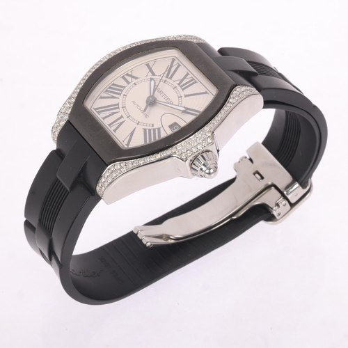 1006 - CARTIER - a stainless steel diamond Roadster automatic calendar wristwatch, ref. 3312, silvered tonn... 