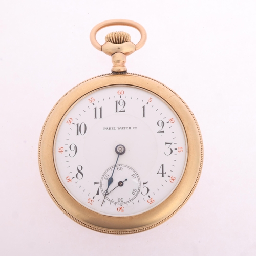1037 - PAREL WATCH CO - an Aesthetic Movement gold filled open-face keyless pocket watch, white enamel dial... 