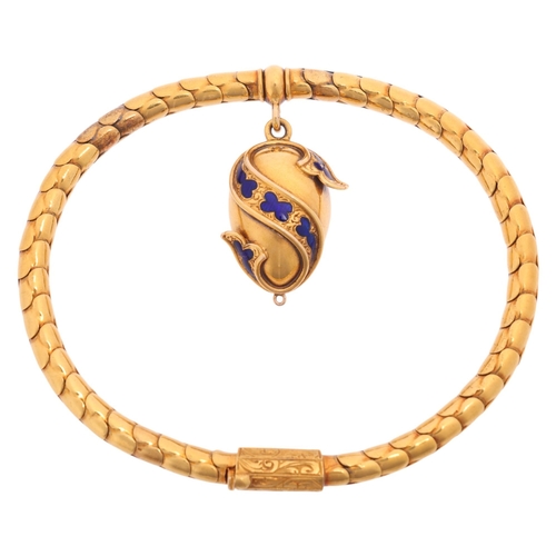 1100 - An Antique Victorian gold blue enamel mourning locket bracelet, circa 1880, the articulated snake li... 