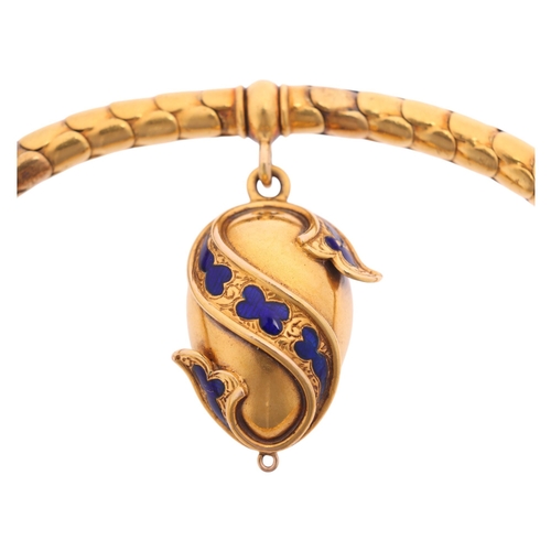 1100 - An Antique Victorian gold blue enamel mourning locket bracelet, circa 1880, the articulated snake li... 