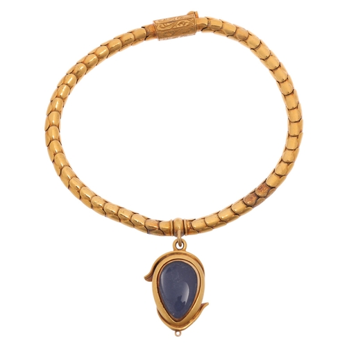 1100 - An Antique Victorian gold blue enamel mourning locket bracelet, circa 1880, the articulated snake li... 