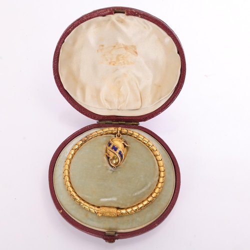 1100 - An Antique Victorian gold blue enamel mourning locket bracelet, circa 1880, the articulated snake li... 