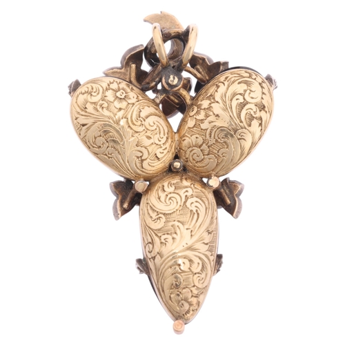 1101 - An Antique Victorian garnet and diamond pendant, circa 1860, set with 3 oval cabochon carbuncle foil... 