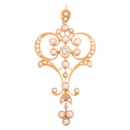 1102 - An Art Nouveau Edwardian 15ct gold pearl and diamond openwork pendant, circa 1905, set with central ... 