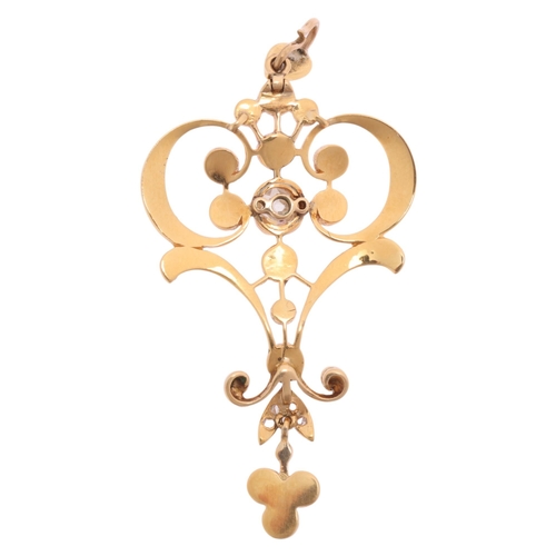1102 - An Art Nouveau Edwardian 15ct gold pearl and diamond openwork pendant, circa 1905, set with central ... 
