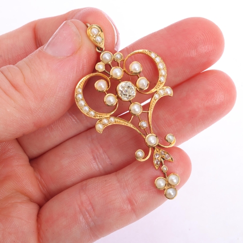 1102 - An Art Nouveau Edwardian 15ct gold pearl and diamond openwork pendant, circa 1905, set with central ... 