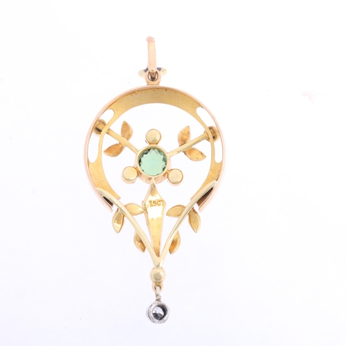 1106 - An Art Nouveau Edwardian 15ct gold green tourmaline diamond and split pearl openwork pendant, circa ... 