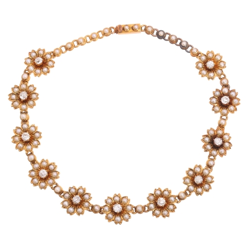 1110 - An Antique Victorian 15ct gold pearl and diamond flowerhead bracelet, circa 1880, set with old Europ... 