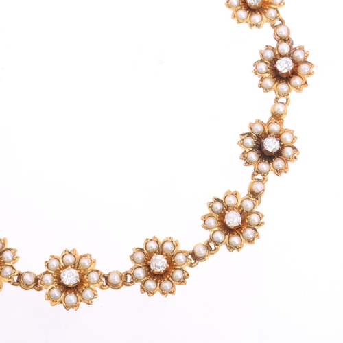 1110 - An Antique Victorian 15ct gold pearl and diamond flowerhead bracelet, circa 1880, set with old Europ... 