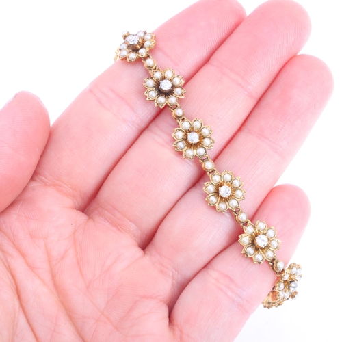 1110 - An Antique Victorian 15ct gold pearl and diamond flowerhead bracelet, circa 1880, set with old Europ... 