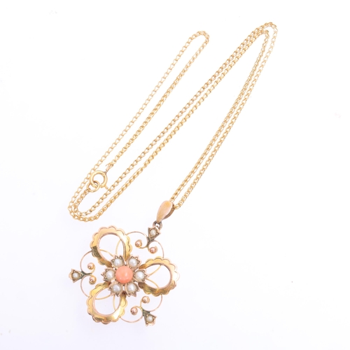 1111 - An Art Nouveau Edwardian 9ct gold coral and pearl openwork pendant necklace, on later 10k gold chain... 