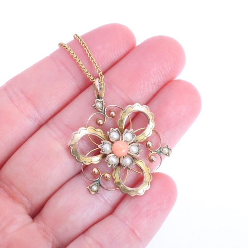 1111 - An Art Nouveau Edwardian 9ct gold coral and pearl openwork pendant necklace, on later 10k gold chain... 