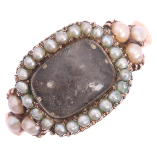 1119 - An Antique Georgian hairwork and pearl mourning ring, circa 1810, the rectangular compartment contai... 