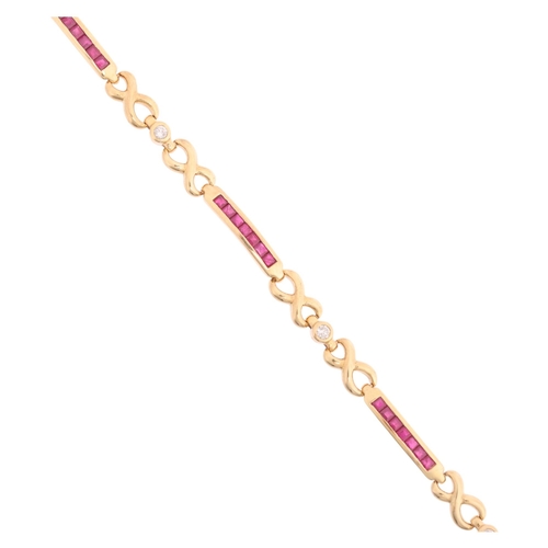 1120 - A heavy 9ct gold ruby and diamond line bracelet, channel set with calibre-cut rubies and modern roun... 