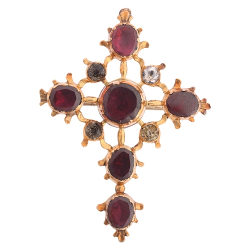 1121 - An Antique Georgian Iberian garnet and paste cross brooch, circa 1780, collet set with flat table-cu... 