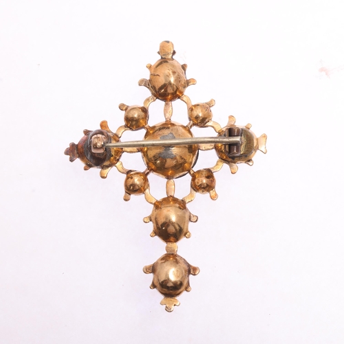 1121 - An Antique Georgian Iberian garnet and paste cross brooch, circa 1780, collet set with flat table-cu... 