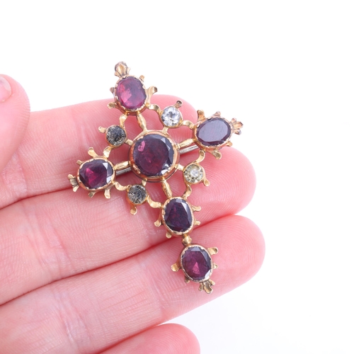 1121 - An Antique Georgian Iberian garnet and paste cross brooch, circa 1780, collet set with flat table-cu... 