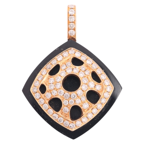 1122 - An 18ct rose gold onyx and diamond abstract pendant, rounded square form, with diamond set pierced m... 
