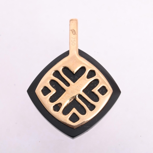 1122 - An 18ct rose gold onyx and diamond abstract pendant, rounded square form, with diamond set pierced m... 