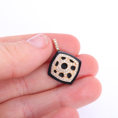 1122 - An 18ct rose gold onyx and diamond abstract pendant, rounded square form, with diamond set pierced m... 