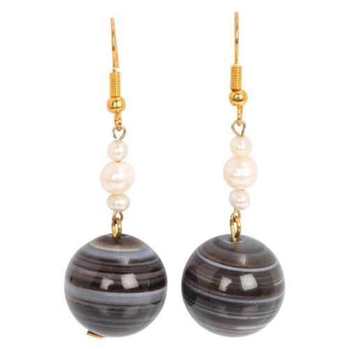 1123 - A pair of banded agate pearl drop earrings, each set with 18mm polished banded agate bead suspended ... 