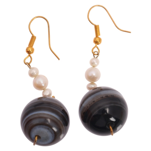 1123 - A pair of banded agate pearl drop earrings, each set with 18mm polished banded agate bead suspended ... 