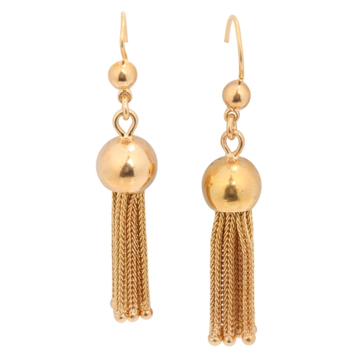 1126 - A pair of Continental 18ct gold tassel drop earrings, with shepherd hook fittings, 48.6mm, 7.9g