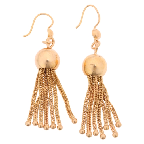 1126 - A pair of Continental 18ct gold tassel drop earrings, with shepherd hook fittings, 48.6mm, 7.9g