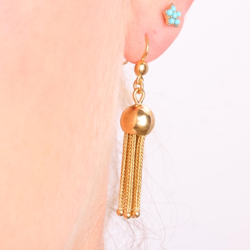 1126 - A pair of Continental 18ct gold tassel drop earrings, with shepherd hook fittings, 48.6mm, 7.9g