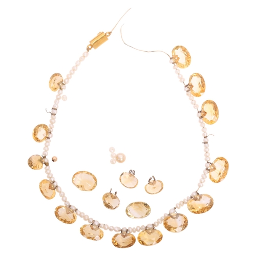 1127 - An Antique Edwardian citrine and pearl fringe necklace, set with oval mixed-cut graduated citrines a... 