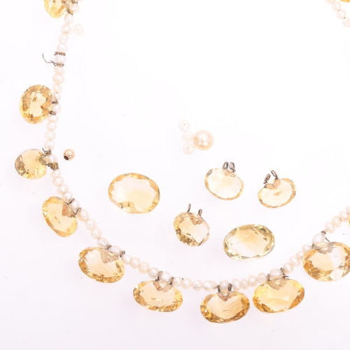 1127 - An Antique Edwardian citrine and pearl fringe necklace, set with oval mixed-cut graduated citrines a... 