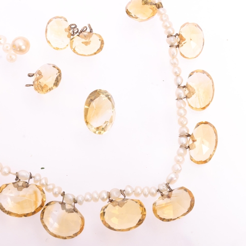 1127 - An Antique Edwardian citrine and pearl fringe necklace, set with oval mixed-cut graduated citrines a... 