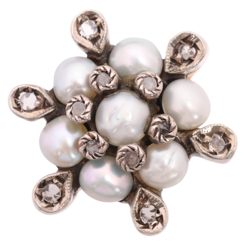 1129 - A Contemporary 12ct gold pearl and diamond flowerhead cluster ring, in the Georgian style, set with ... 