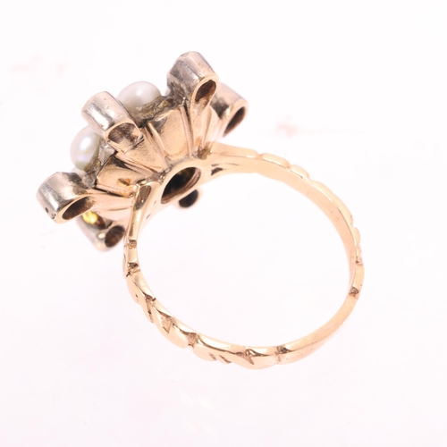 1129 - A Contemporary 12ct gold pearl and diamond flowerhead cluster ring, in the Georgian style, set with ... 