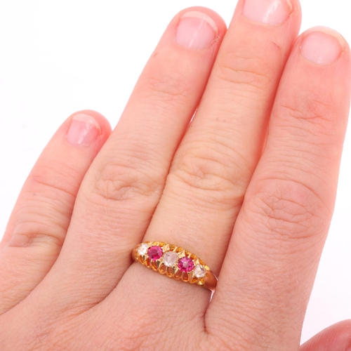 1131 - An Antique 18ct gold five stone ruby and diamond half hoop ring, maker HPH, Birmingham 1915, set wit... 