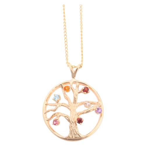 1199 - A 9ct gold gem set Tree Of Life pendant necklace, on 9ct fine curb link chain, pendant 26mm, chain 4... 