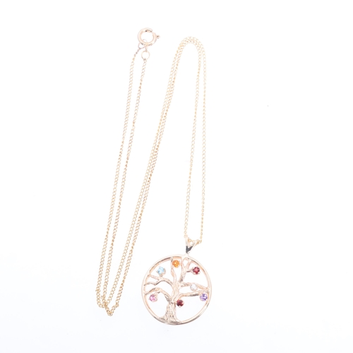 1199 - A 9ct gold gem set Tree Of Life pendant necklace, on 9ct fine curb link chain, pendant 26mm, chain 4... 
