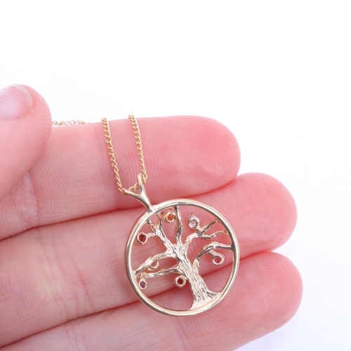 1199 - A 9ct gold gem set Tree Of Life pendant necklace, on 9ct fine curb link chain, pendant 26mm, chain 4... 