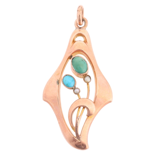 1201 - MURRLE BENNETT & CO - an Art Nouveau 9ct rose gold turquoise and pearl floral openwork pendant, sign... 