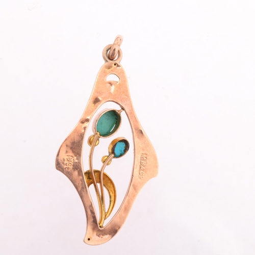 1201 - MURRLE BENNETT & CO - an Art Nouveau 9ct rose gold turquoise and pearl floral openwork pendant, sign... 
